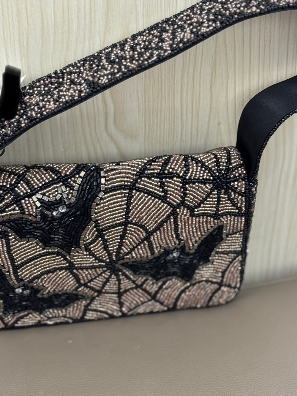 Beaded Black and Champagne Bat Motif Shoulder Bag - Picture 3 of 4